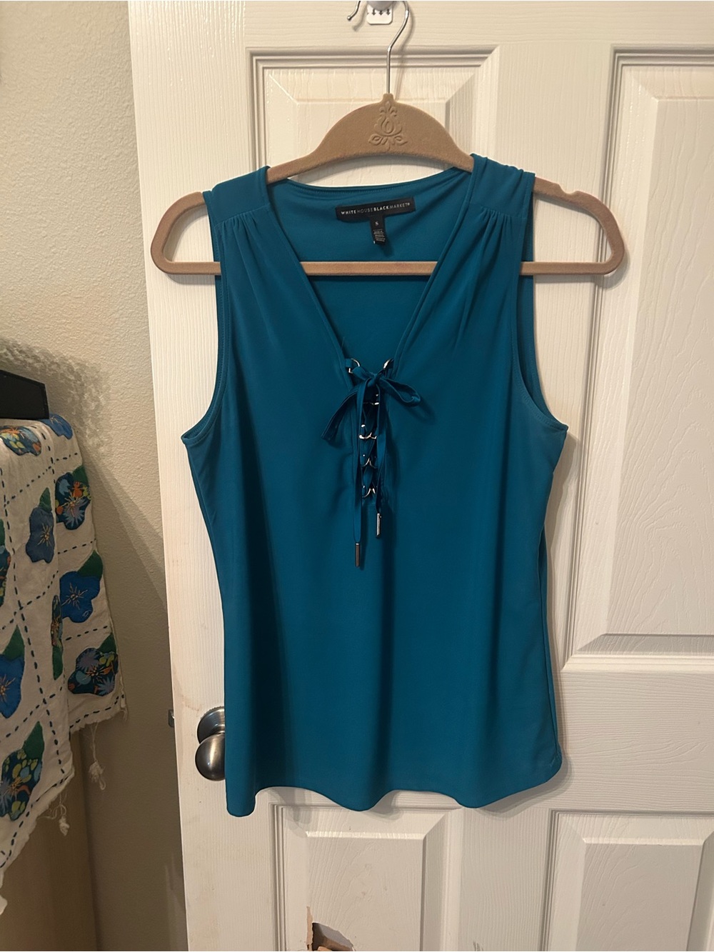White House Black Market Teal Lace-Up Sleeveless V-Neck Tank